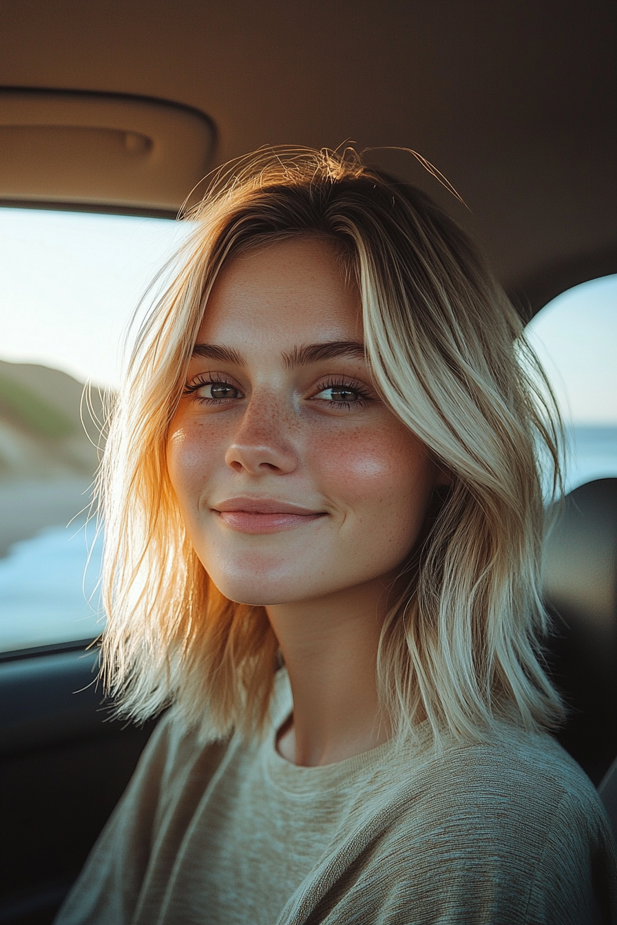 28 years old woman with a Beachy Bob, make a photosession inside a car with sunlight streaming through the windows, parked near a scenic coastline.