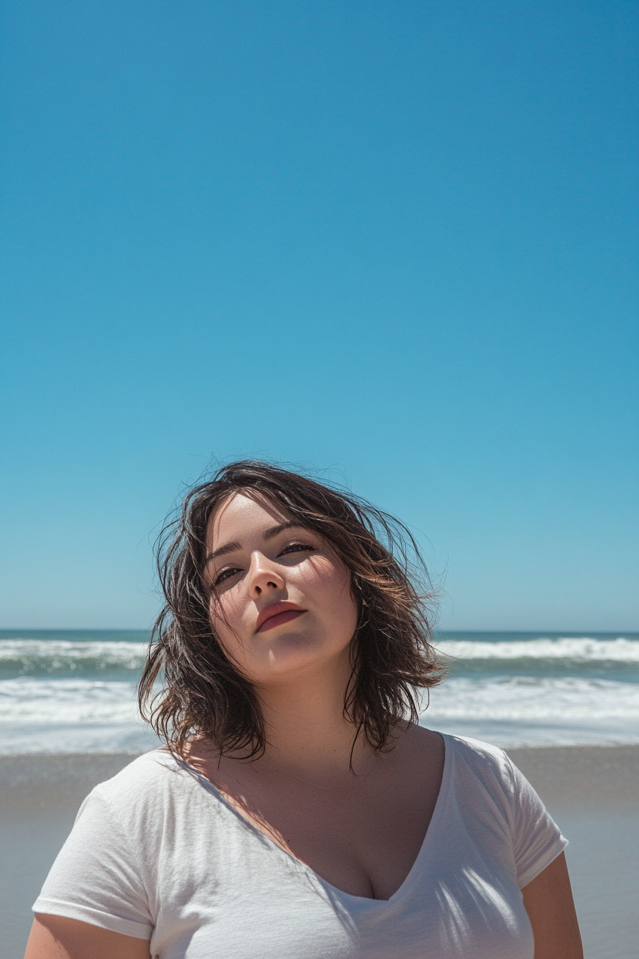 33 years old woman with a Asymmetrical Bob, make a photosession near the see.