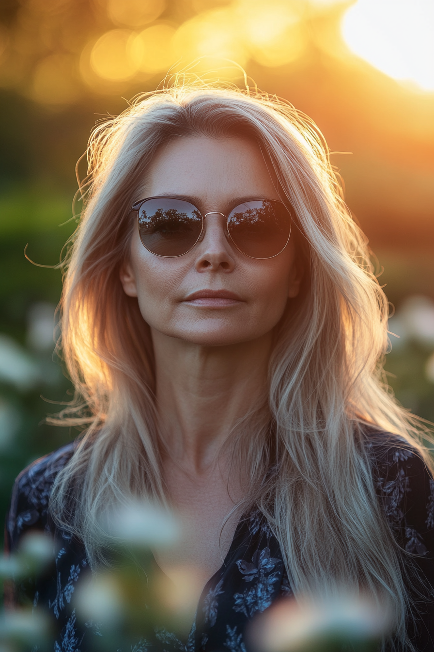 54 year old woman with Soft Layers, make a photosession in a botanical garden.