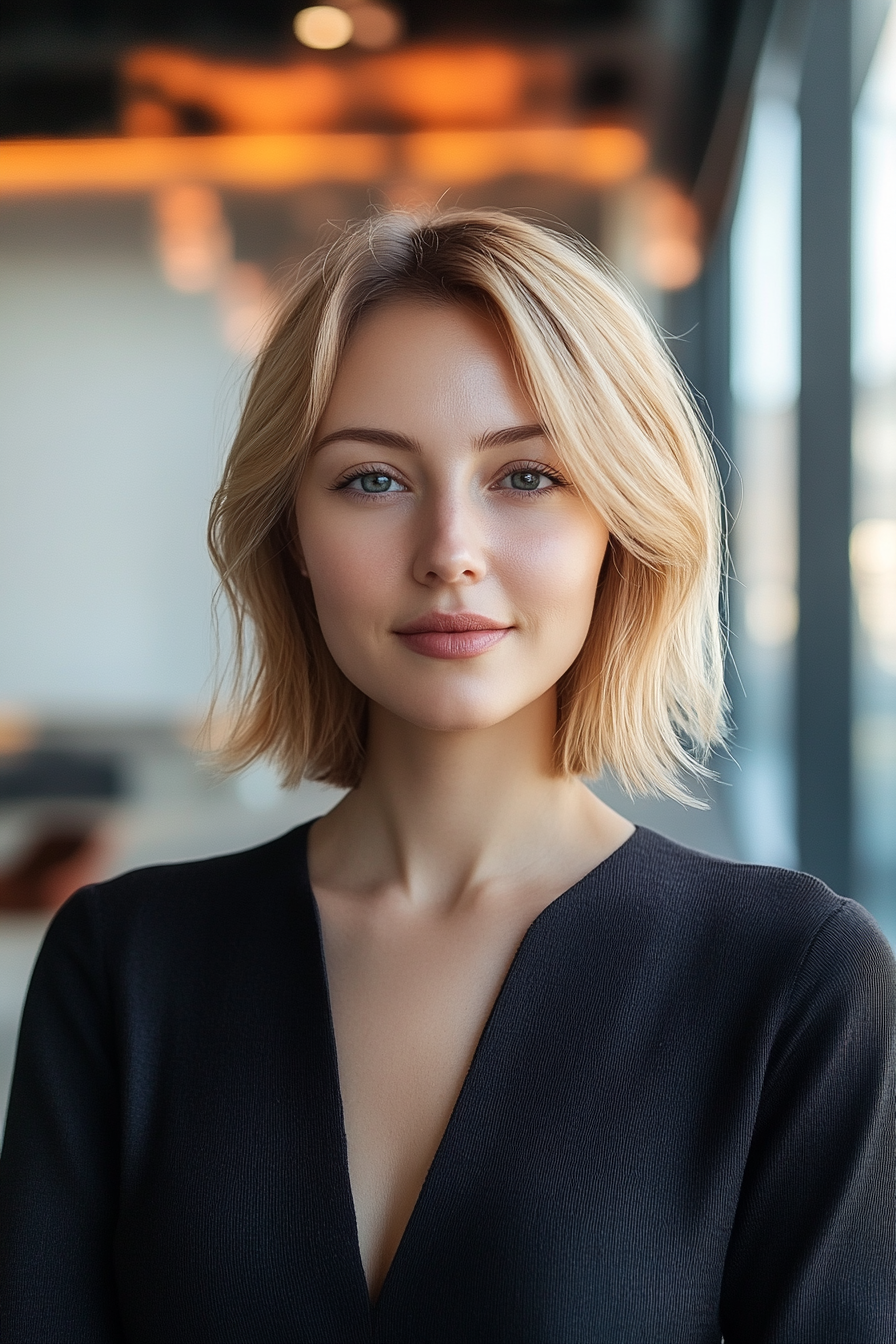 29 years old woman with a Bob Haircut, make a photosession in a modern office lobby with sleek furniture.