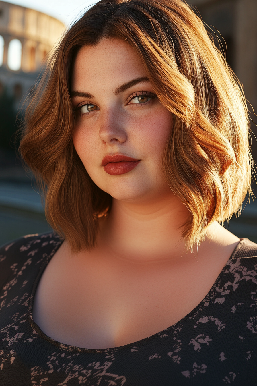 29 years old woman with a Inverted Bob, make a photosession near the Roman Colosseum.