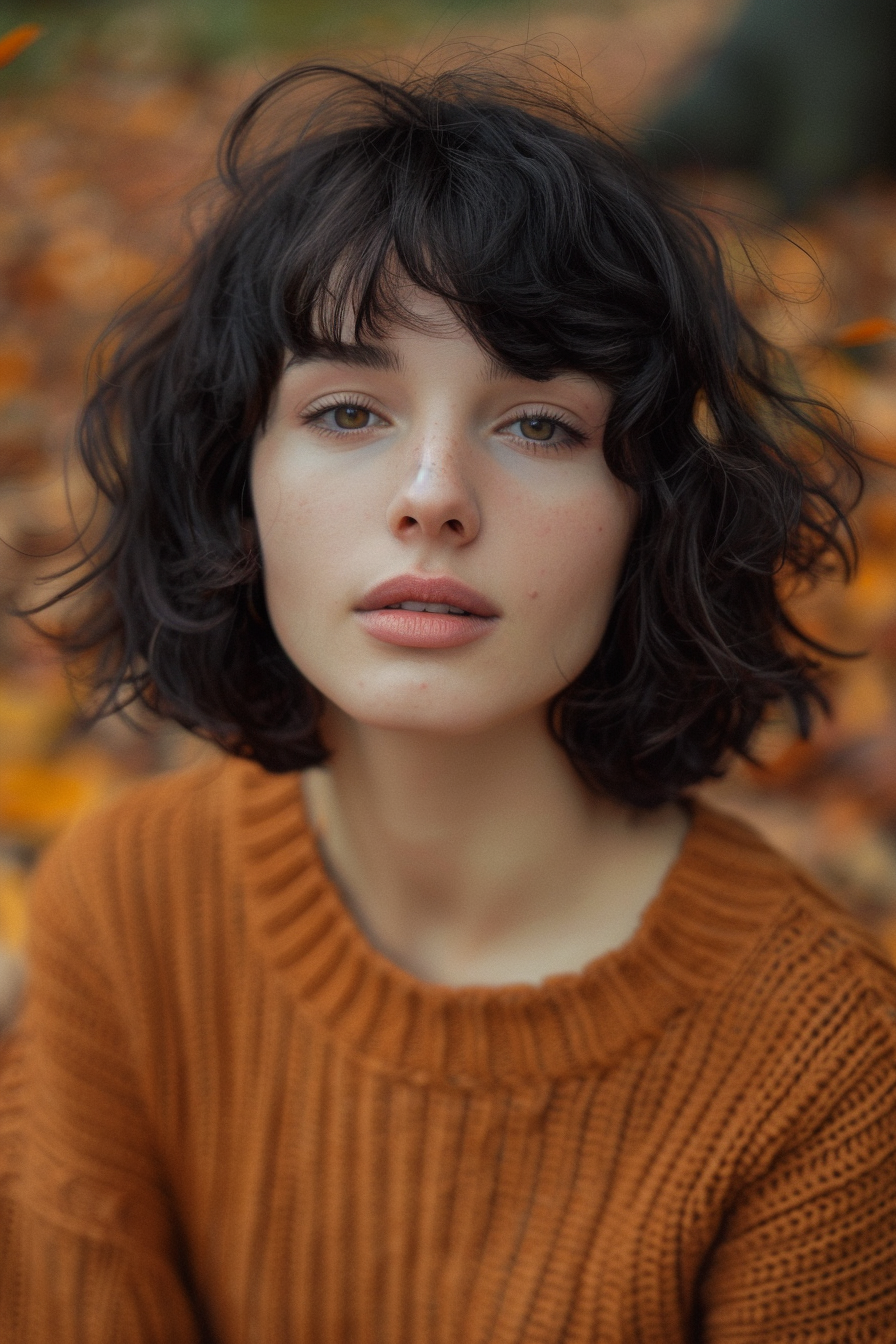 35years old woman with a Curly Bob With Bangs , make a photosession in a park