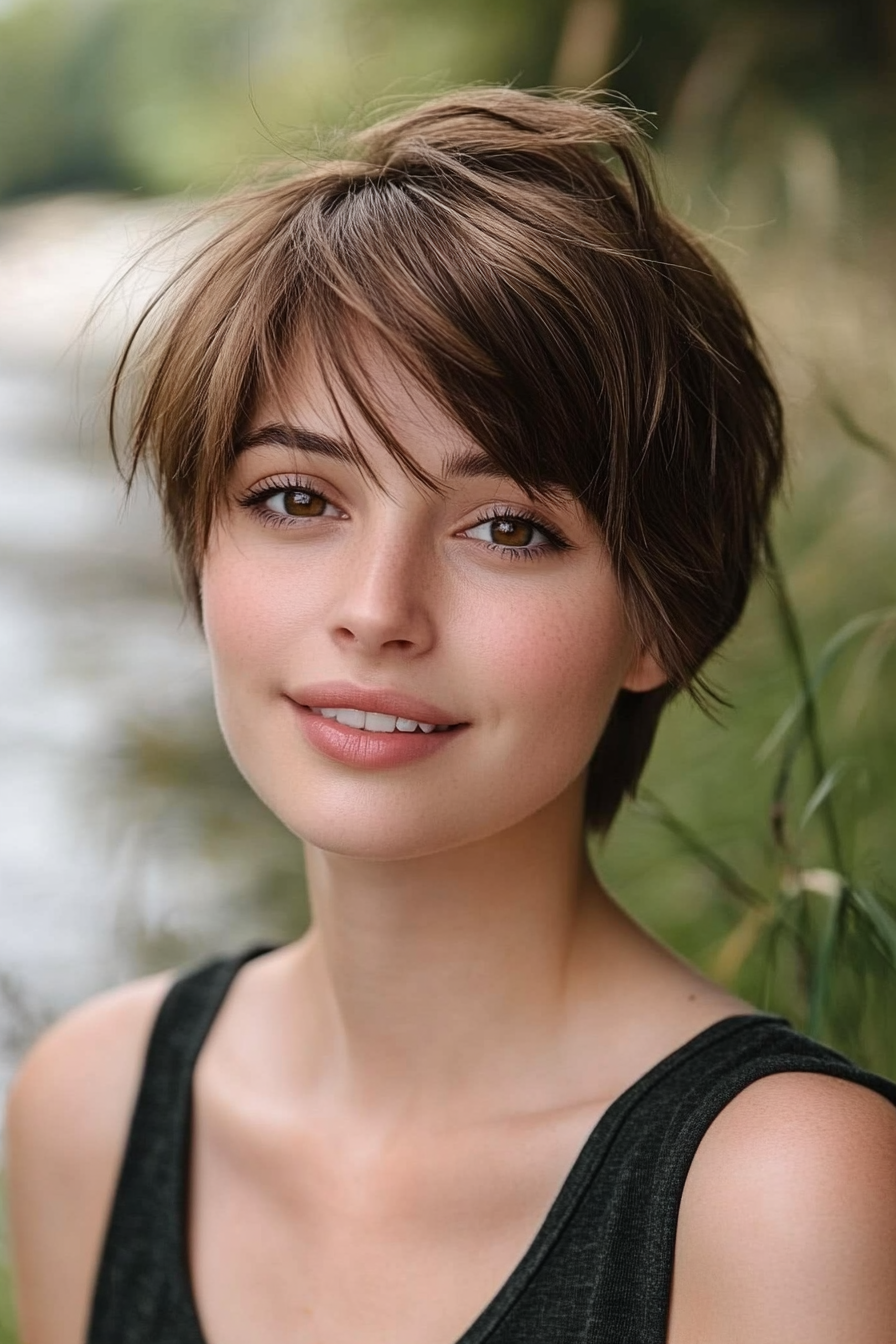 29 years old woman with a Soft Pixie with Side-Swept Bangs, make a photosession at a quiet riverside with gently flowing water and tall grass swaying in the breeze.