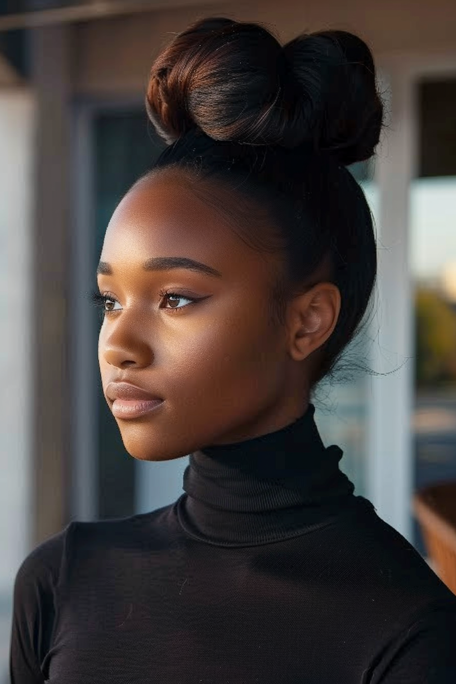 35 years old black woman, with High Thick Bun hairstyles, make a photosession in a cafe.