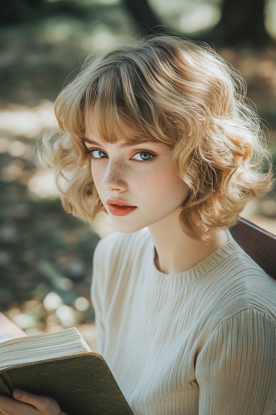 26 years old woman with a Pageboy Cut, make a photosession in a park.