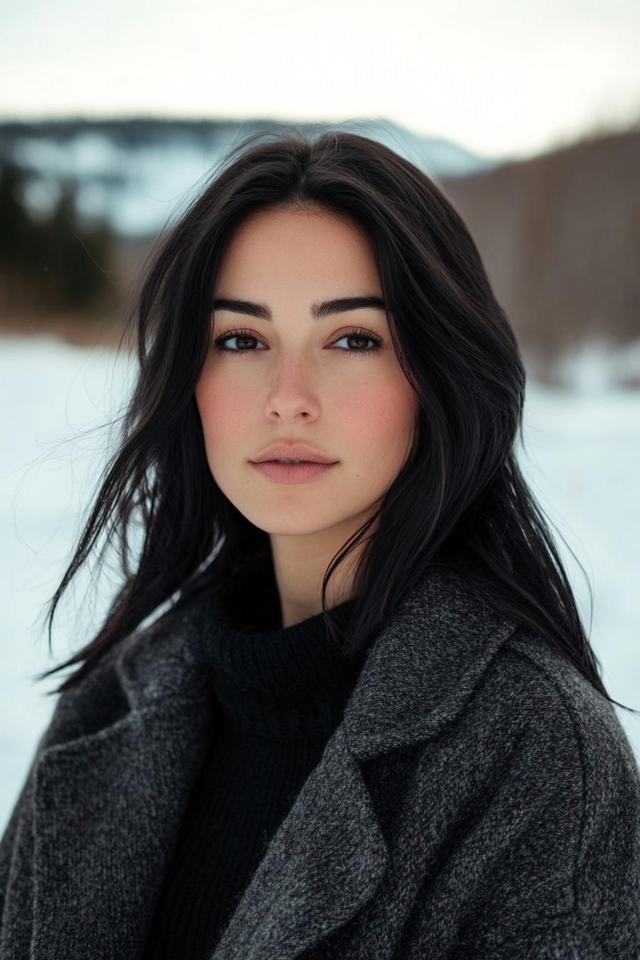 29 years old woman with a Straight Hair with a Deep Side Part, make a photosession in a forest.