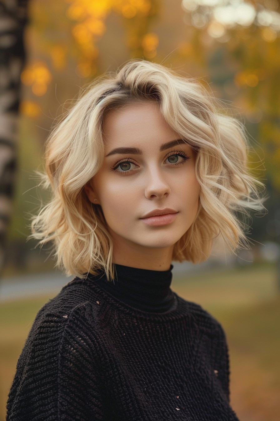 23 years old woman with a Wavy Textured Lob, make a photosession in a fall park.