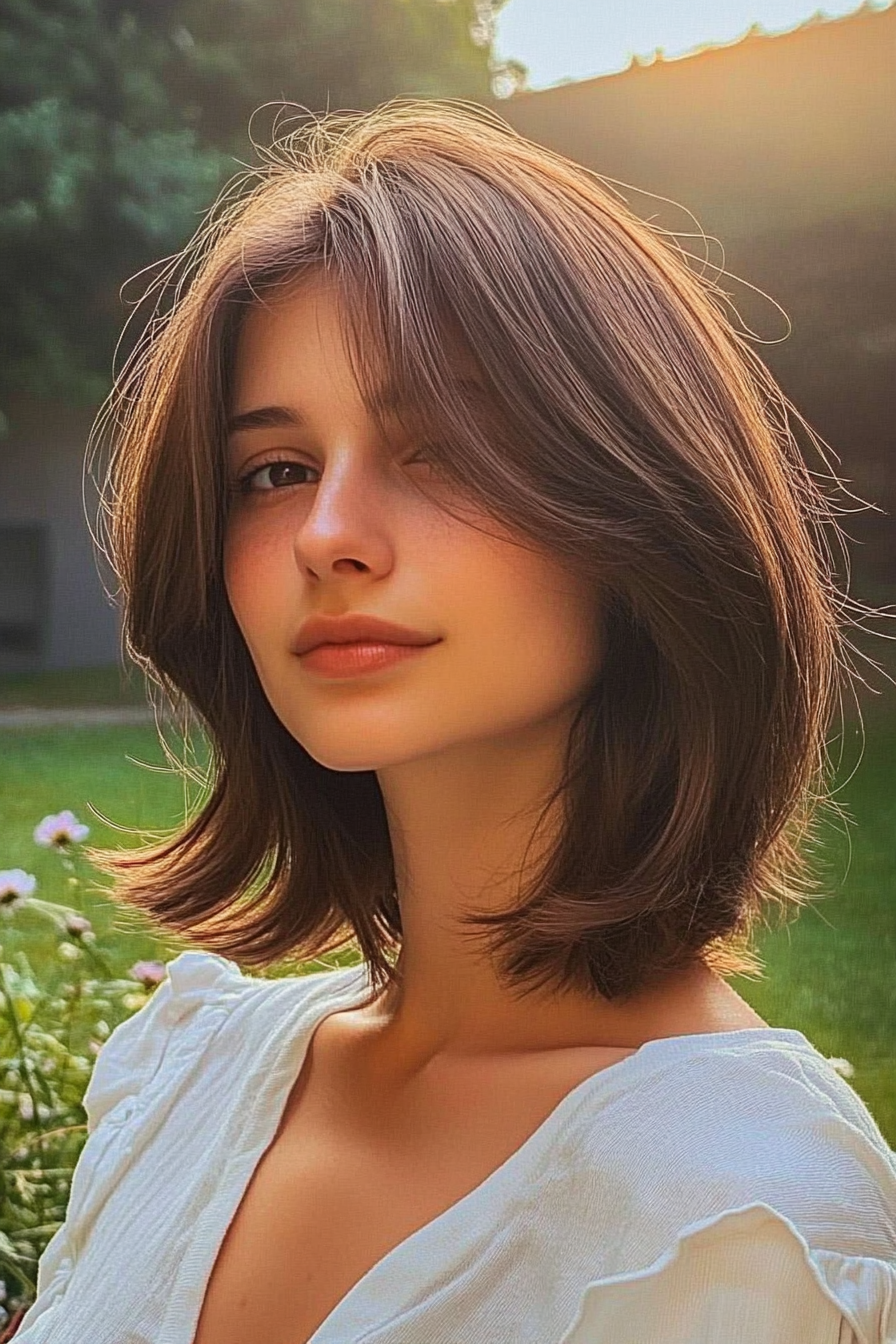 27 years old woman with a Layered Bob with Wispy Bangs for Thin Hair, make a photosession in a cozy backyard with green grass, a few flowers, and soft morning sunlight.