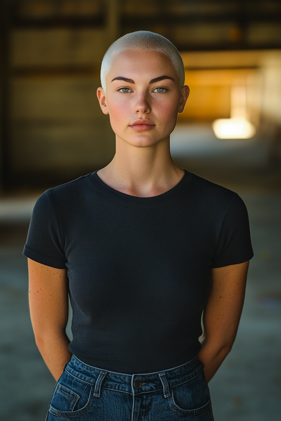 29 years old woman with a Buzz Cut, make a photosession in a studio.