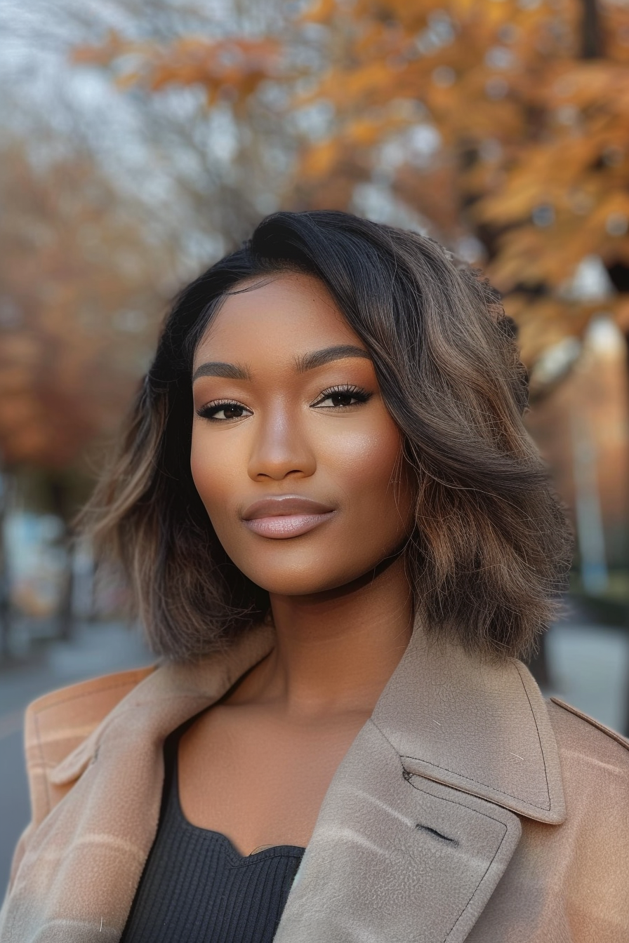 35 years old black woman, with Ombre hairstyles, make a photosession in a street.