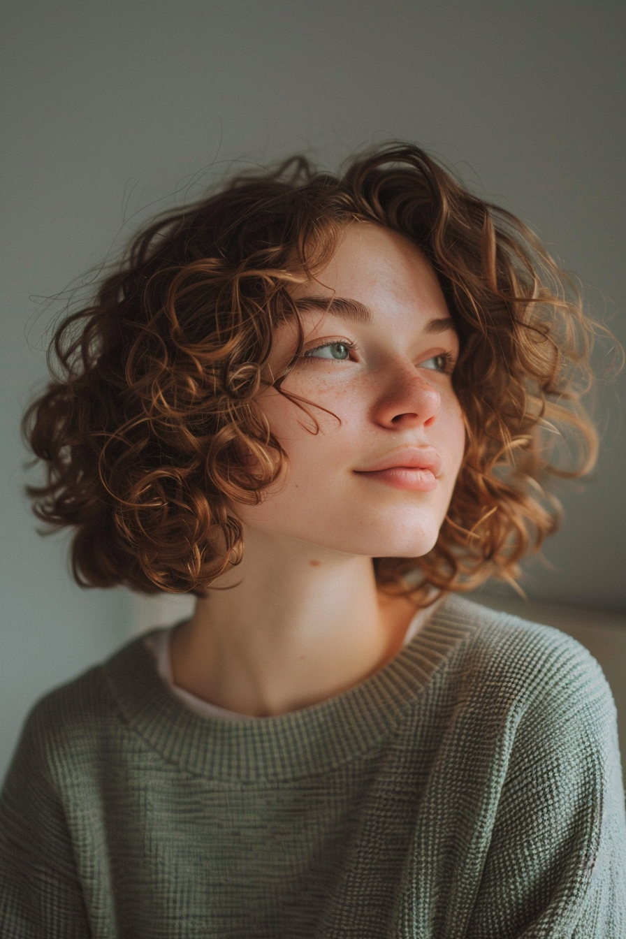 28 years old woman with a Short and Chic Curly Bob, make a photosession in a room.