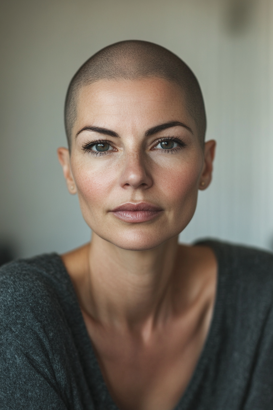 34 years old woman with a Shaved Head, make a photosession at home.