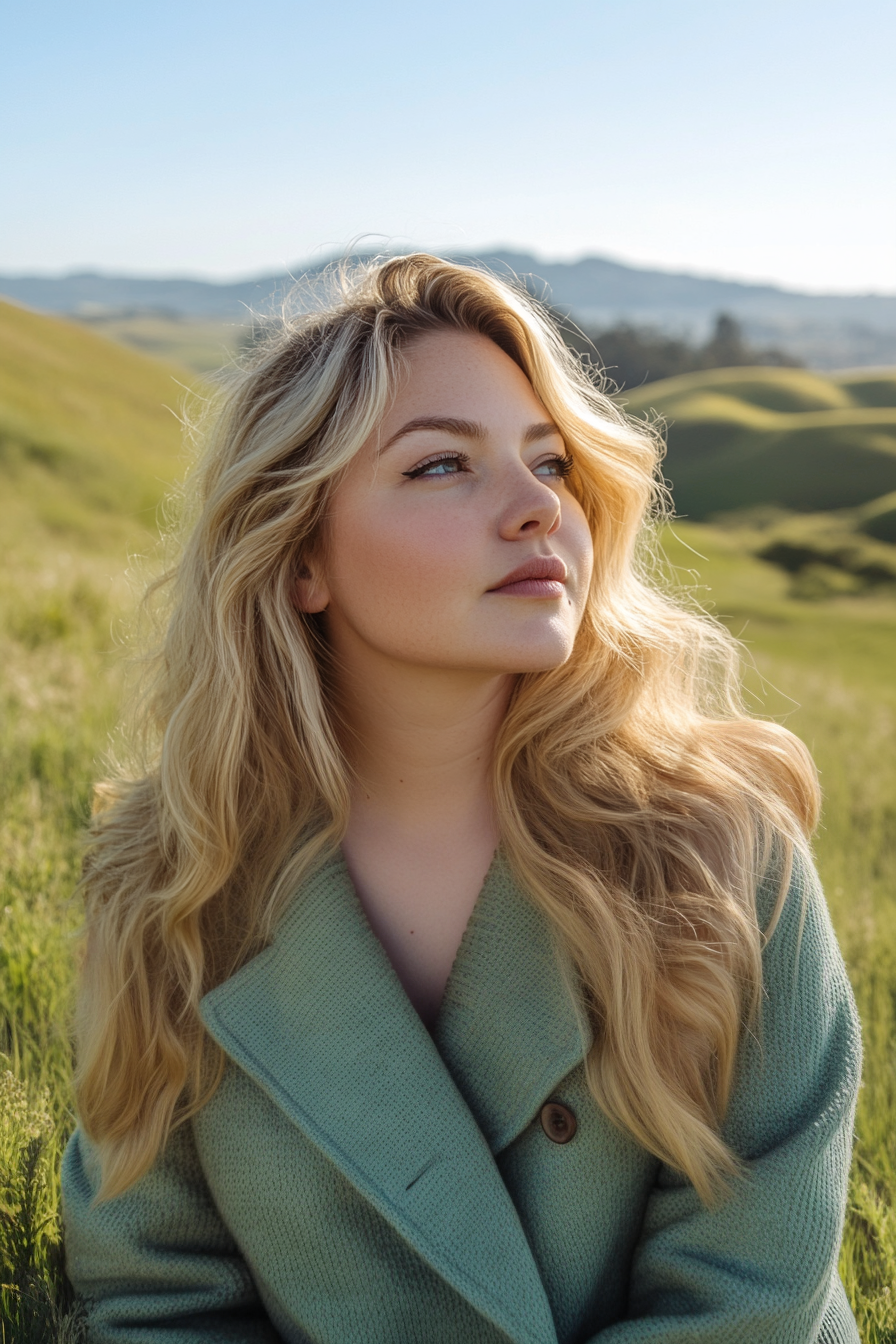 27 years old woman with a Long Layers, make a photosession in field.