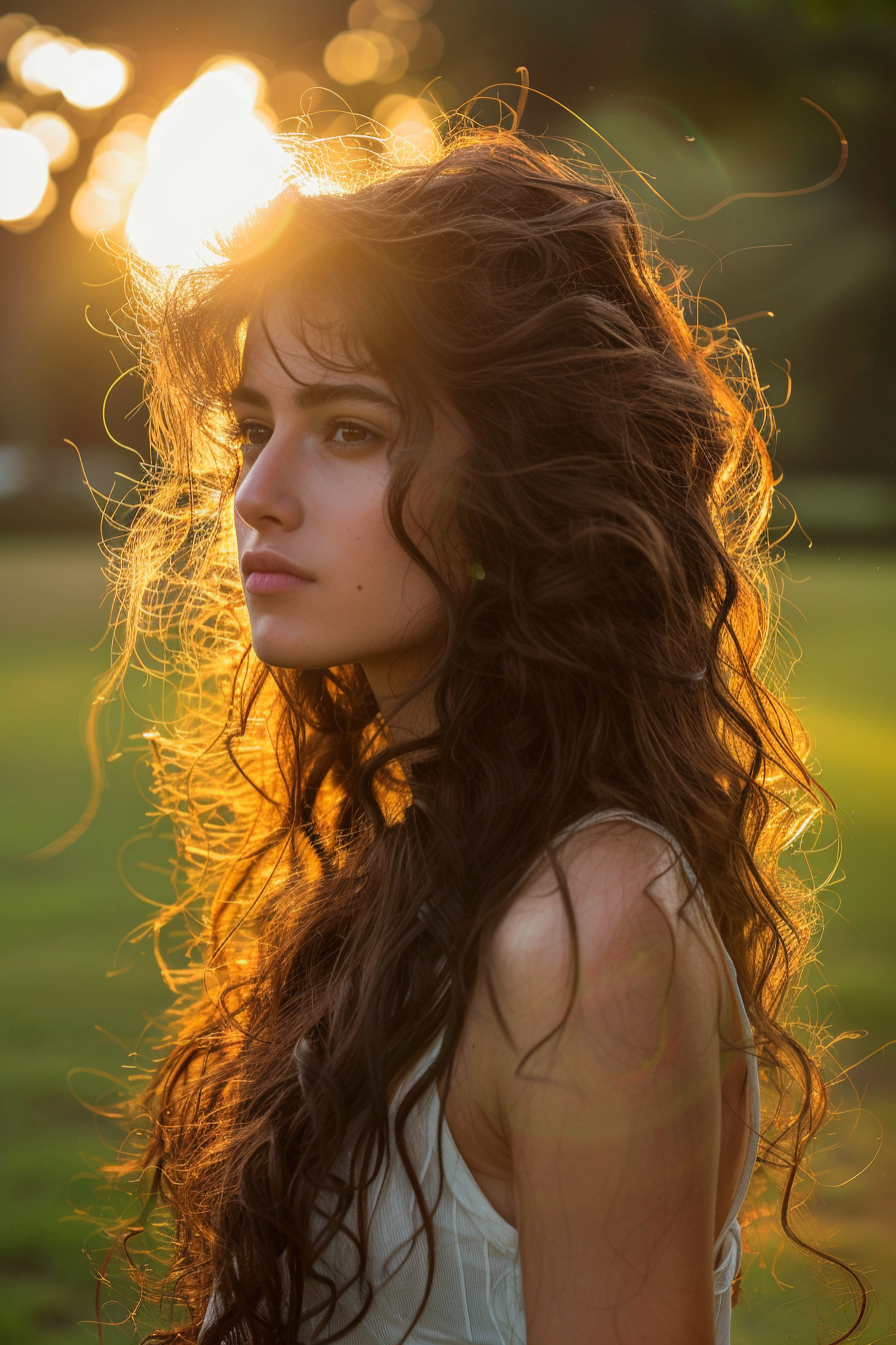 27 years old woman with a Long Layered Curls, make a photosession in a park.