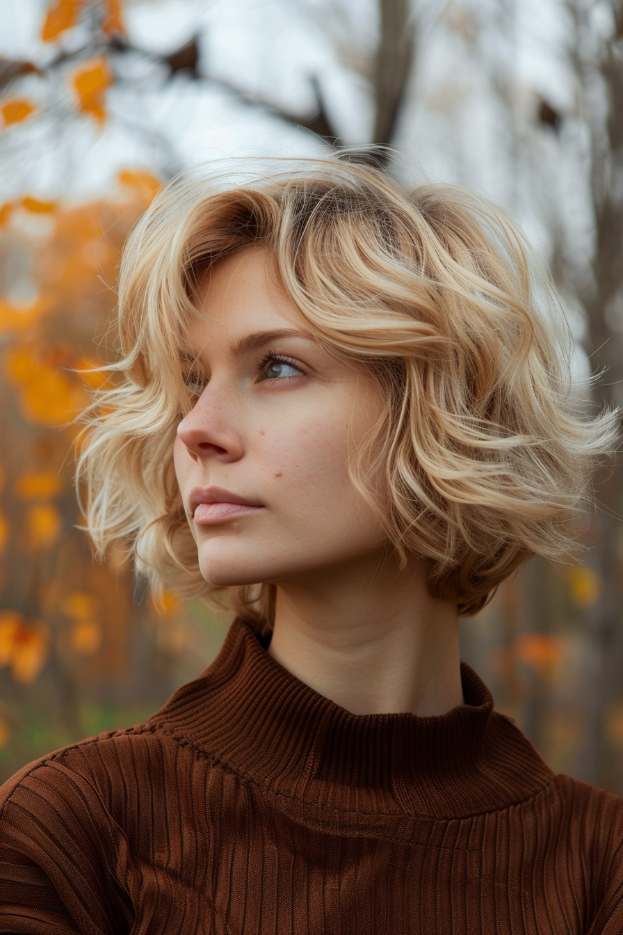 27 years old woman with a Whimsical Wavy Bob, make a photosession in a fall park.