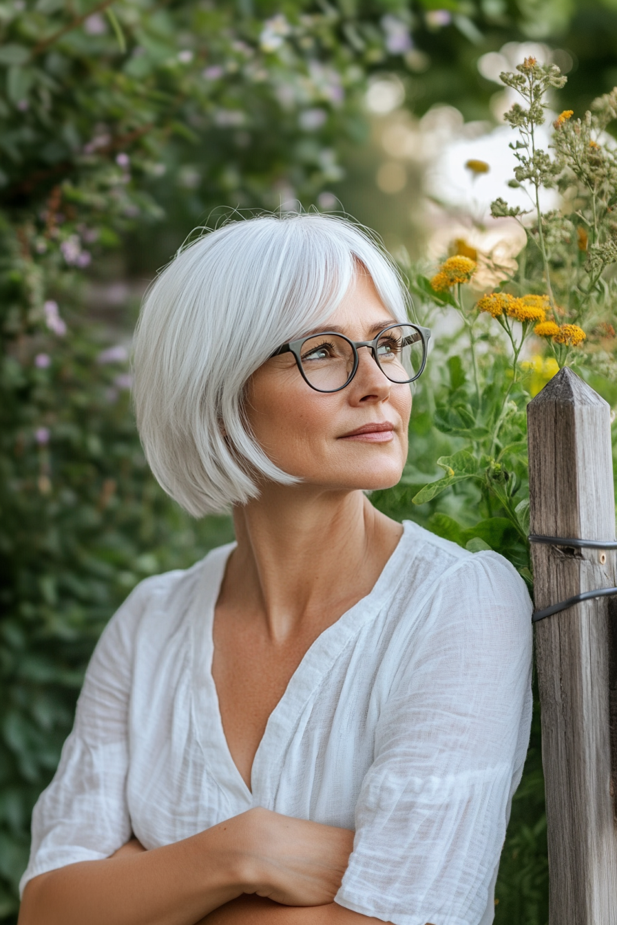 47 years old woman with a White Gray Bob, make a photosession in a village.