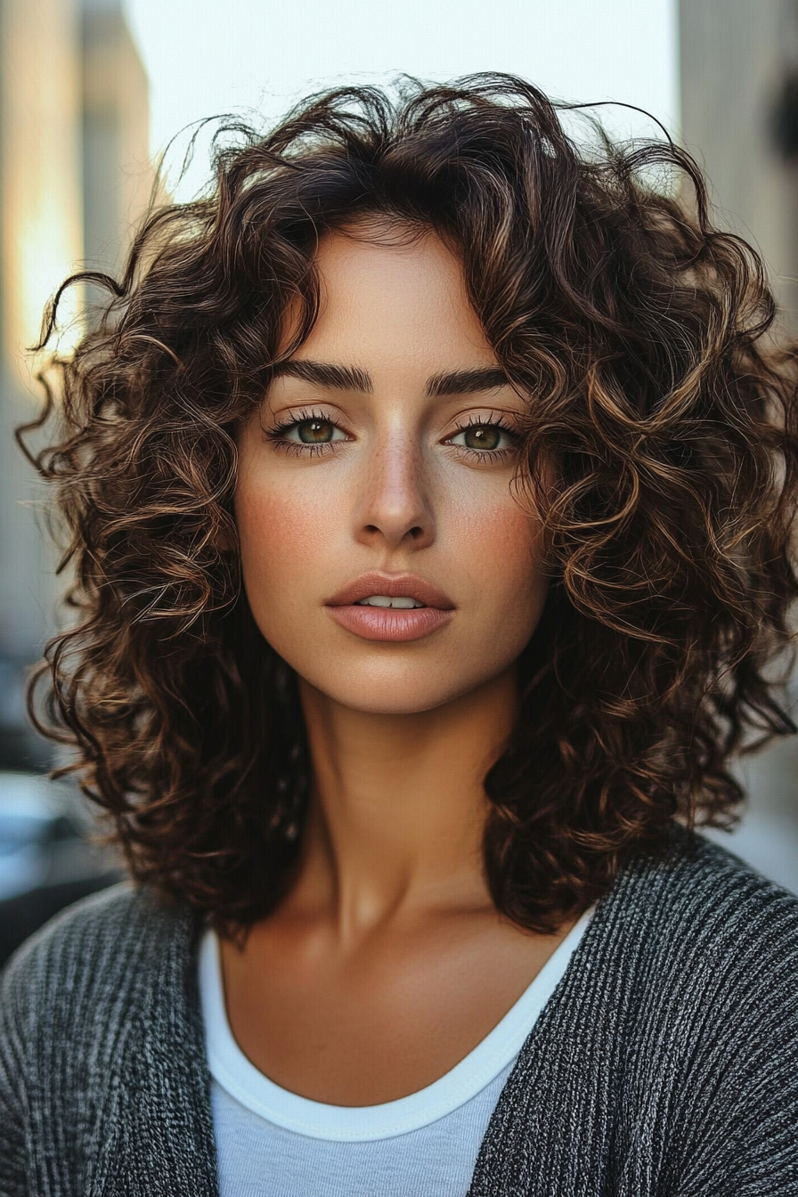 29 years old woman with a Edgy Balayage Curly Crop, make a photosession in a street.