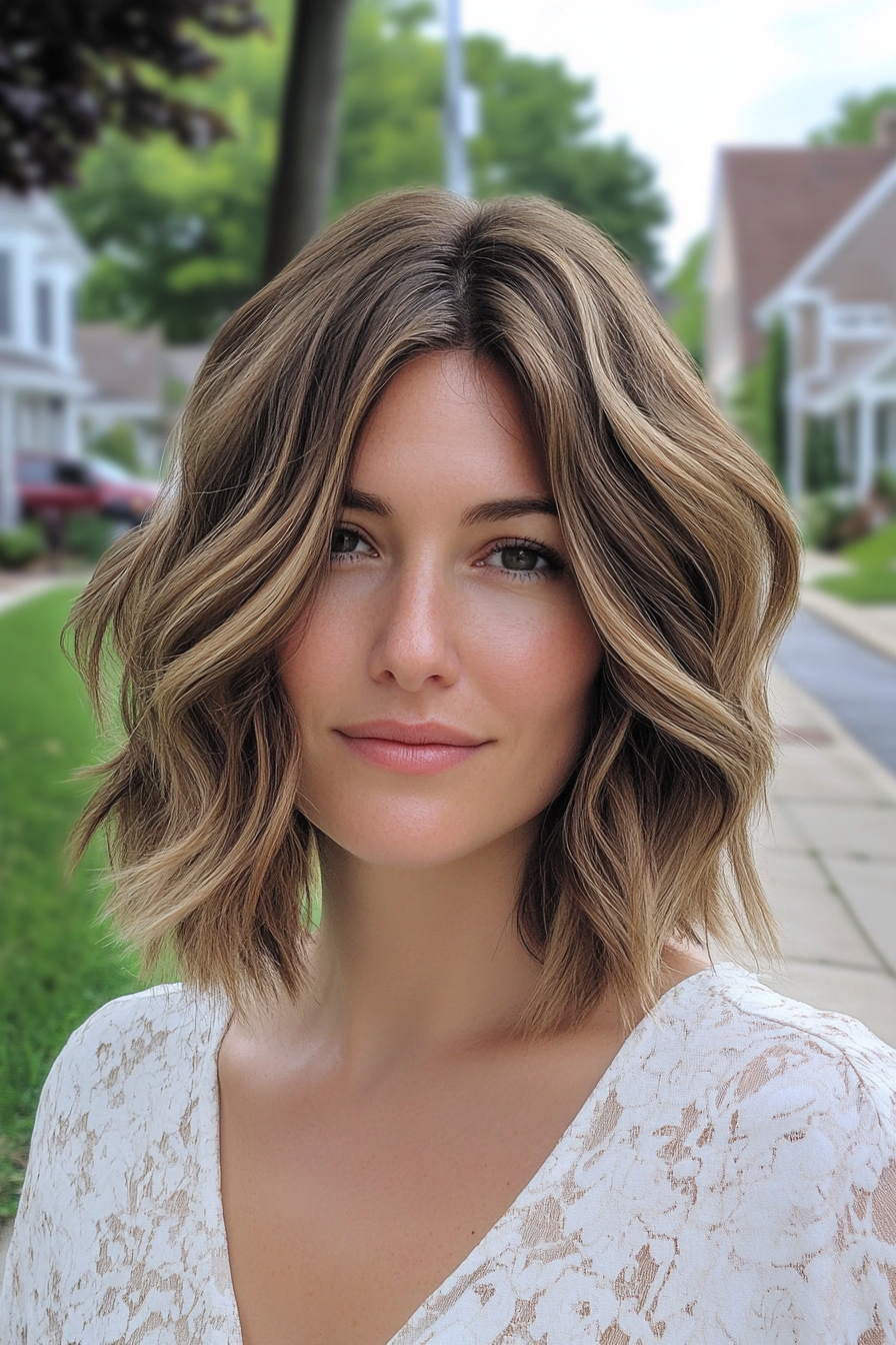 35 years old woman with a Medium Layered Wavy Shag, make a photosession in a street.