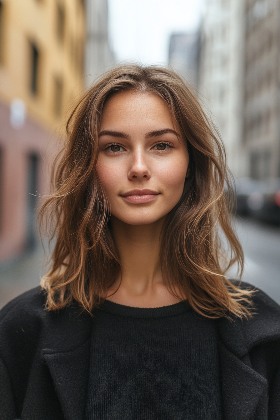 28 year old woman with Face-Framing Layers, make a photosession in a street.