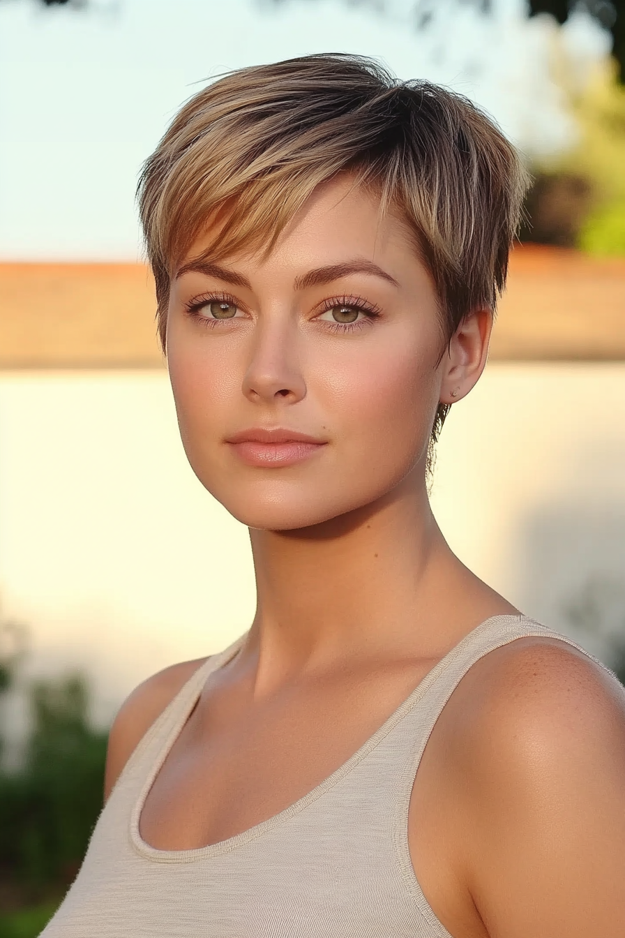 29 years old woman with a Pixie Cut, make a photosession in a park with lake.