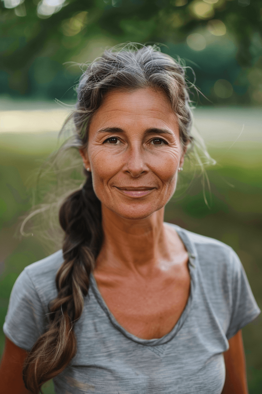 woman over 50 with a Side Ponytail hairstyle of long hair, make a photosession in a park.