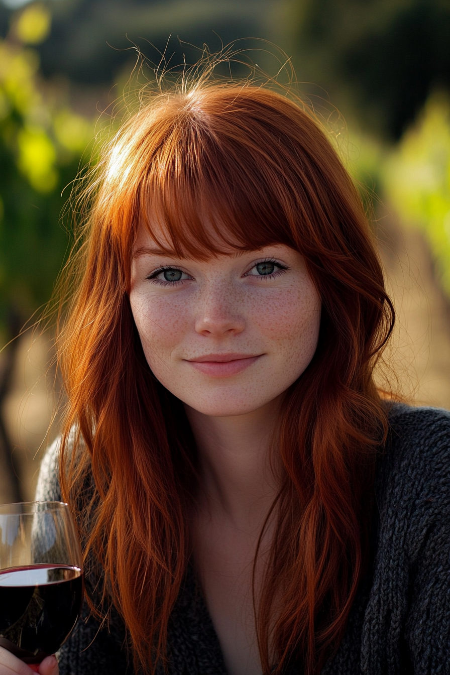 27 years old woman with a Wispy Bangs, make a photosession at a wine tasting.