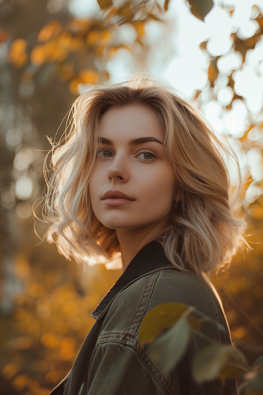 28 years old woman with a Cut with Soft Waves, make a photosession in a park.