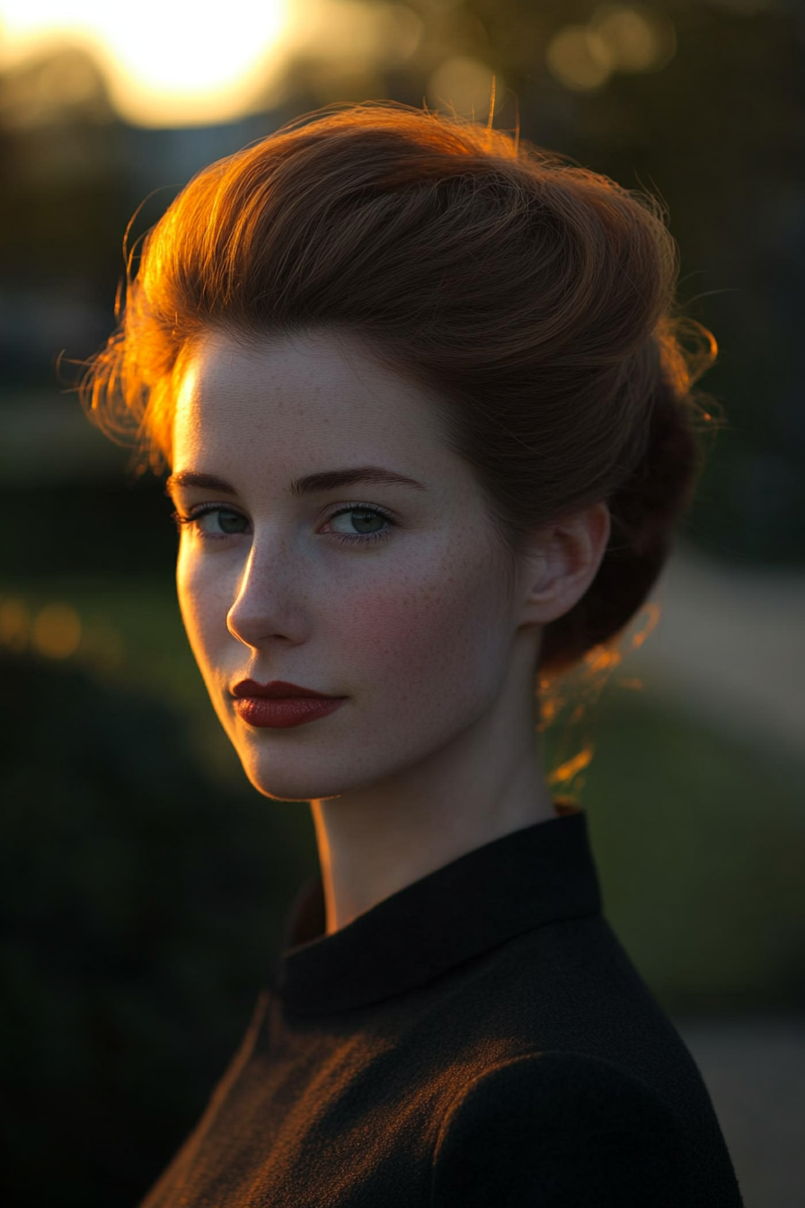 33 years old woman with a Elegant Updo, make a photosession in a park.