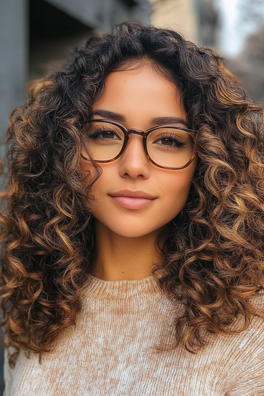 33 years old woman with a Black Curls with Honey Highlights, make a photosession in a street.