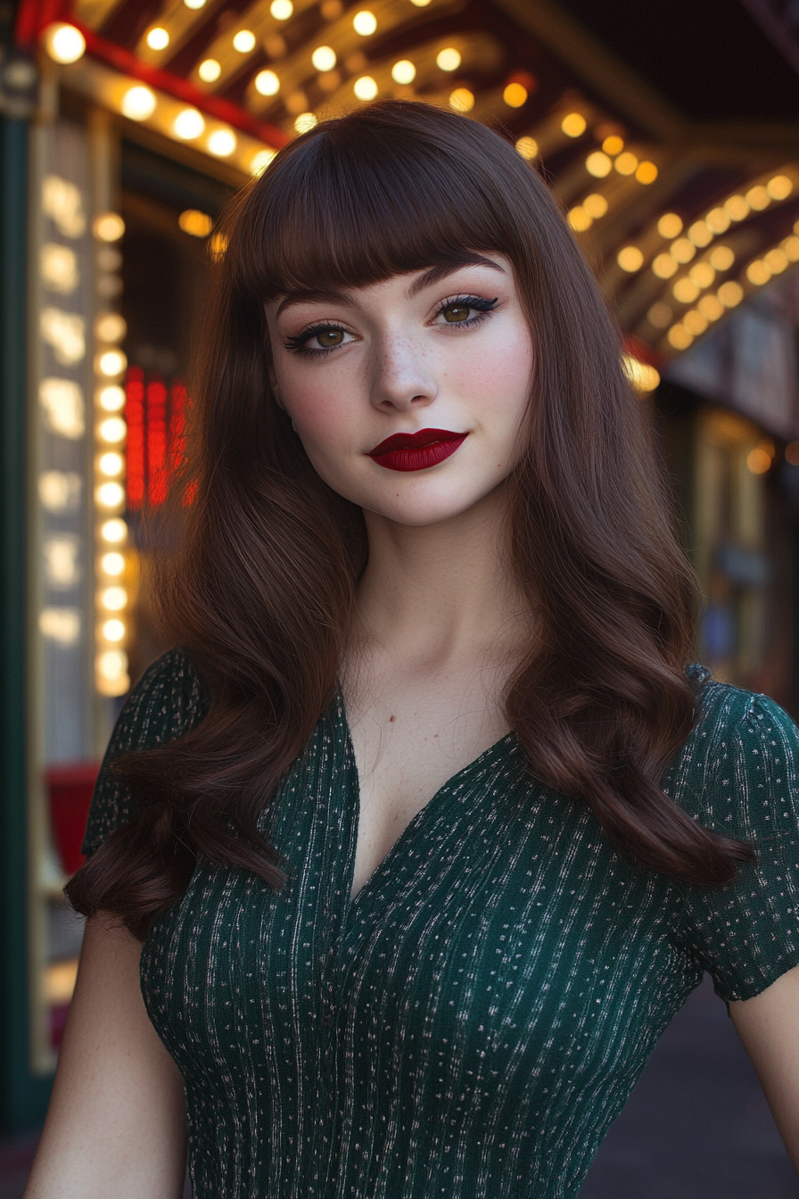 28 years old woman with a Bettie Bangs, make a photosession in a vintage theater.