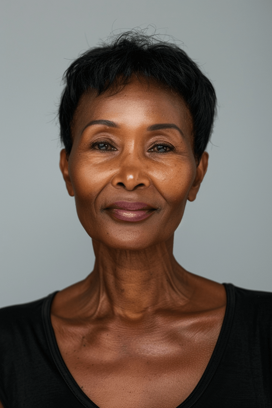 55 years old black woman, with Pixie Cut , make a photosession in a studio. 