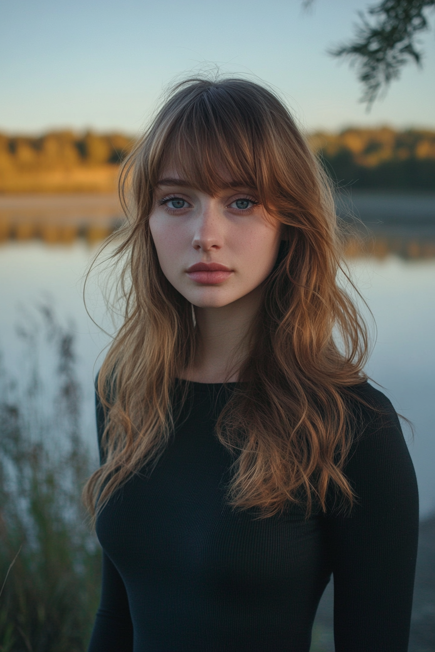 28 years old woman with a Bardot Style Long Layers with Bangs, make a photosession in a evening shore of the lake.