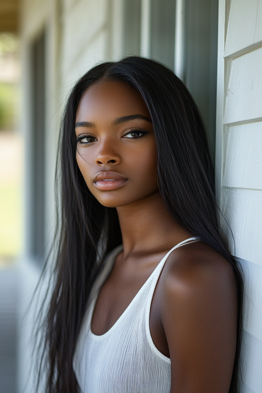 24 years old black woman, with Straight Long Hair, make a photosession in a street.