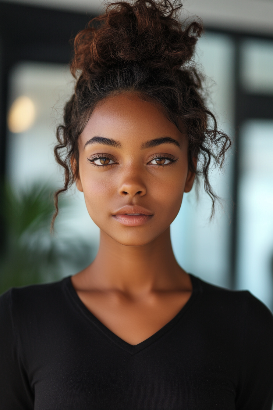 24 years old black woman, with High Bun, make a photosession in a office.