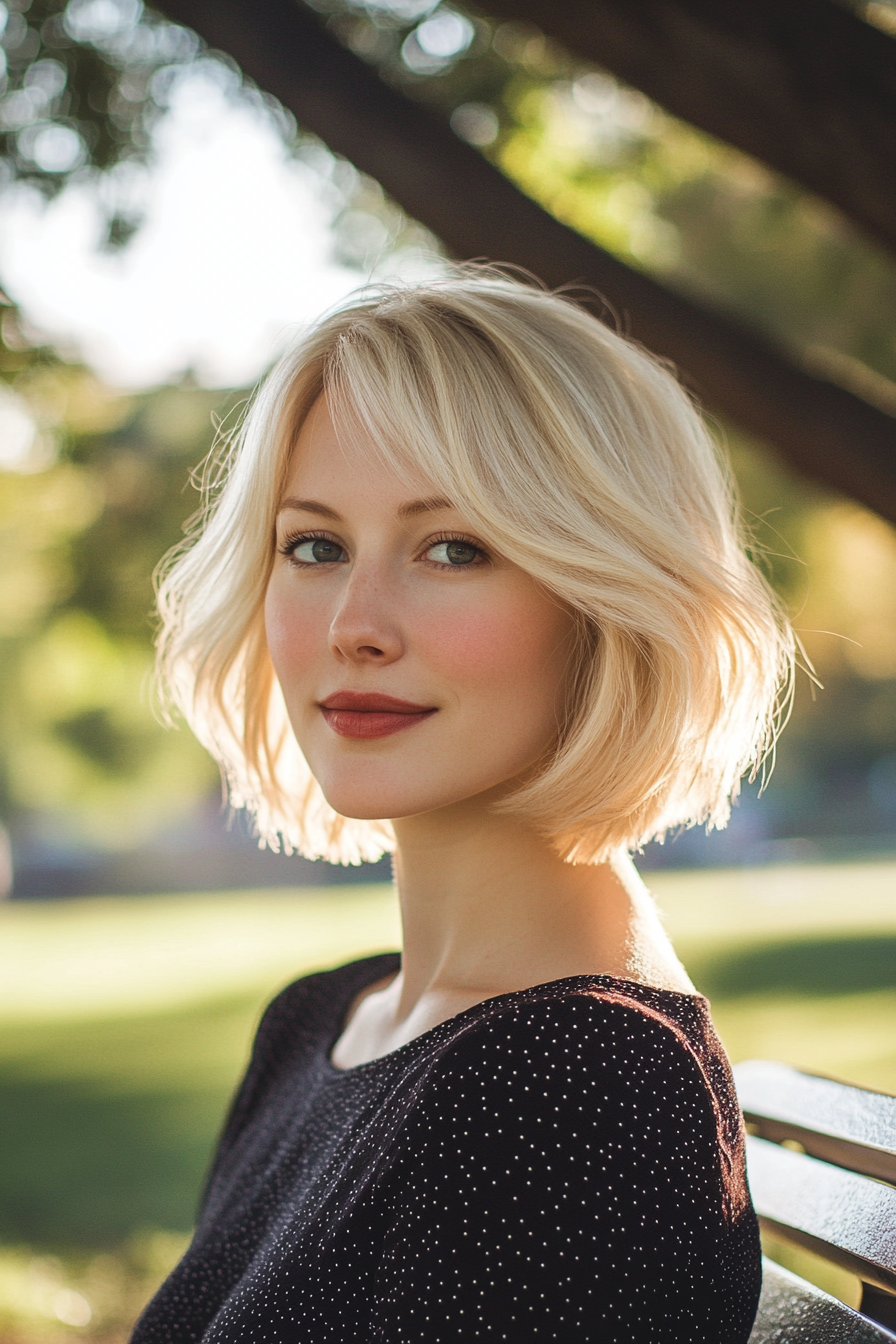 33 years old woman with a Classic Blonde Bob, make a photosession on a simple park bench under a tree, with sunlight streaming through the branches.