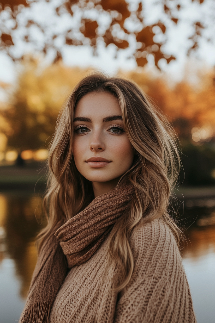 27 years old woman with Caramel Waves and Layers, make a photosession in a fall park with lake.