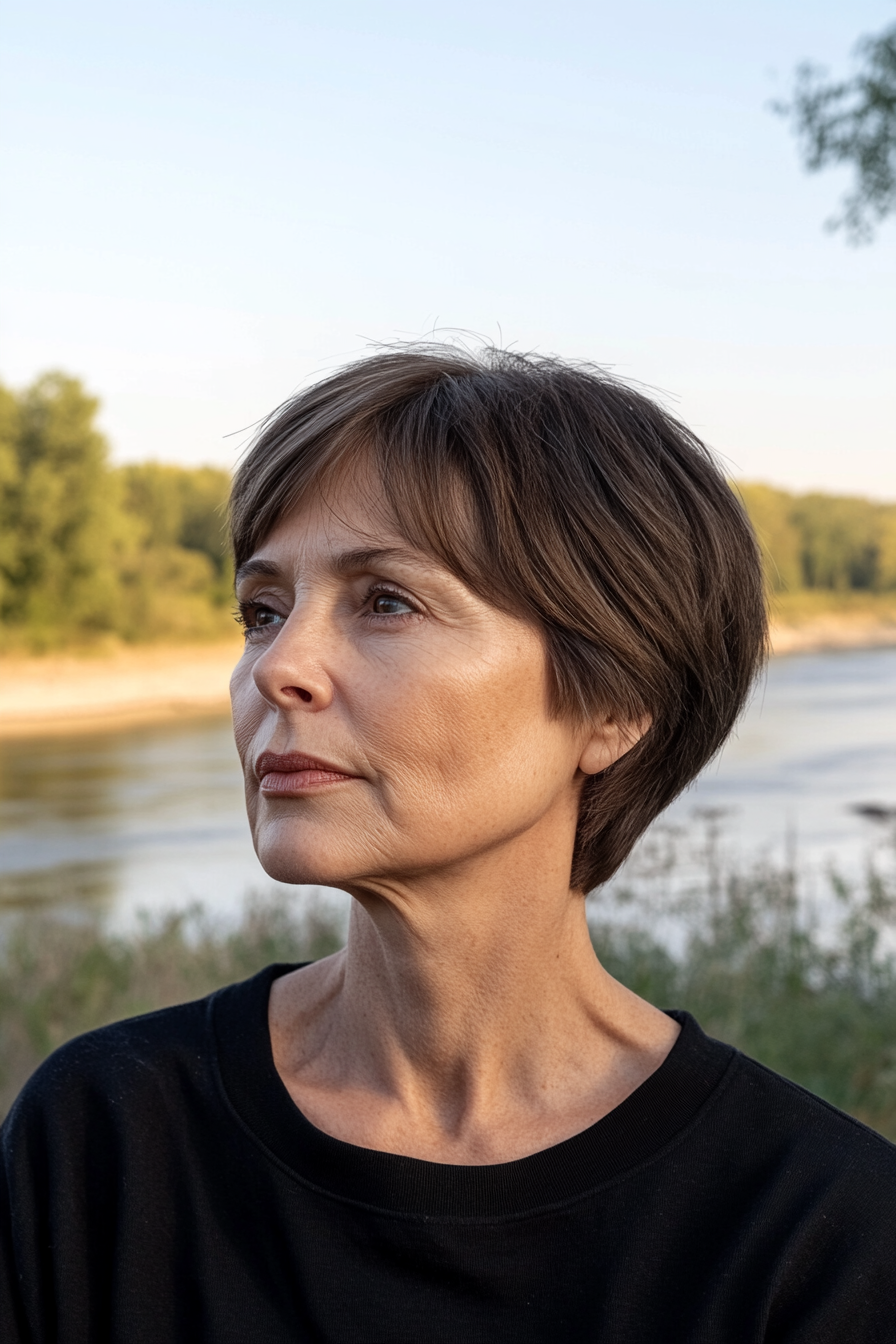 49 years old woman with a  Blunt Nape-Length Bob, make a photosession in a quiet riverside with a view of the water.