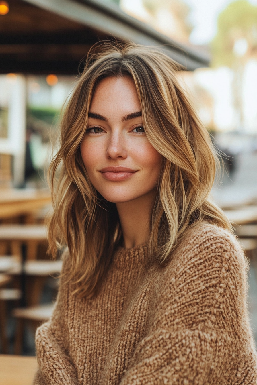 36 years old woman with a Honey Blonde, make a photosession in a cafe.