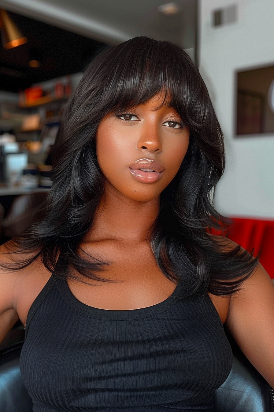 35 years old black woman, with Curtain Bangs hairstyles, make a photosession in a cafe.