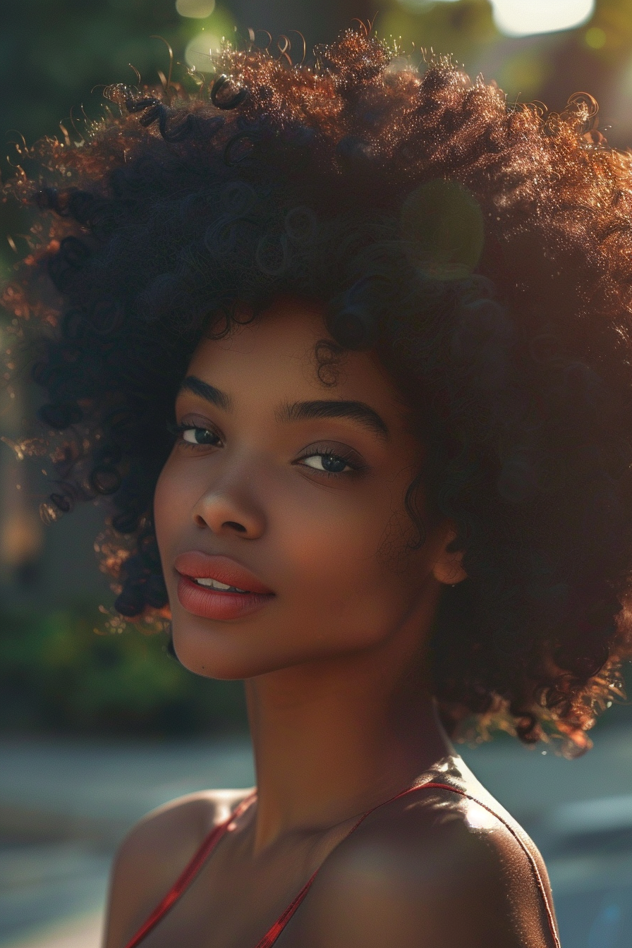 35 years old black woman, with Classic Afro, make a photosession in a street 