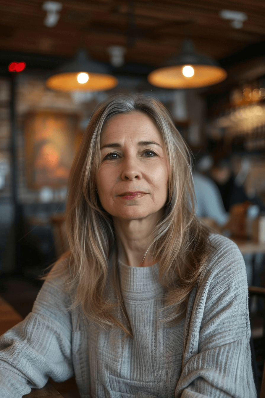 woman over 50 with a Blowdried Curls hairstyle of long hair, make a photosession in a cafe.