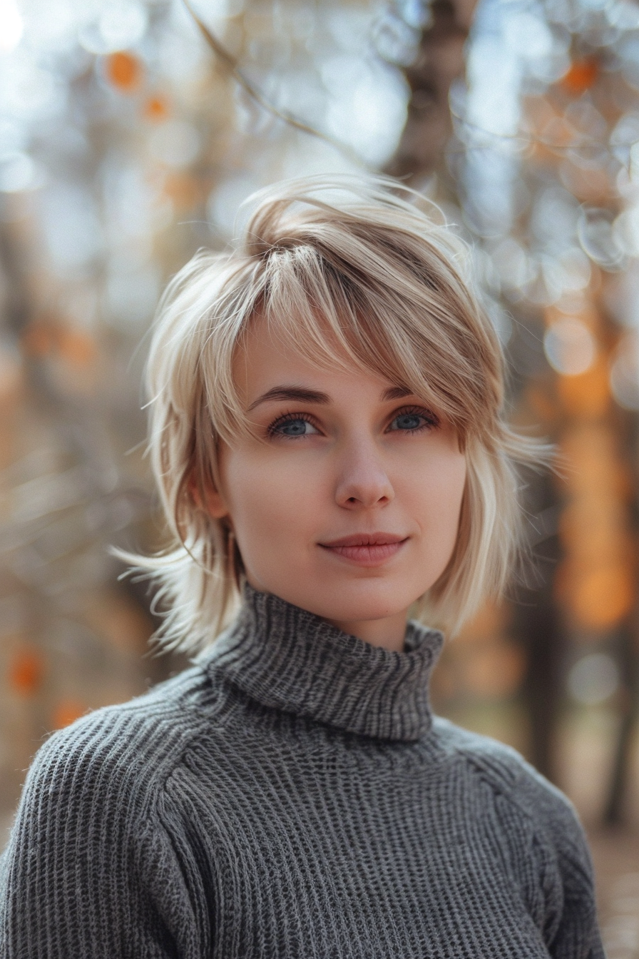 27 years old woman with a Textured Pixie-Bob, make a photosession in a fall park.