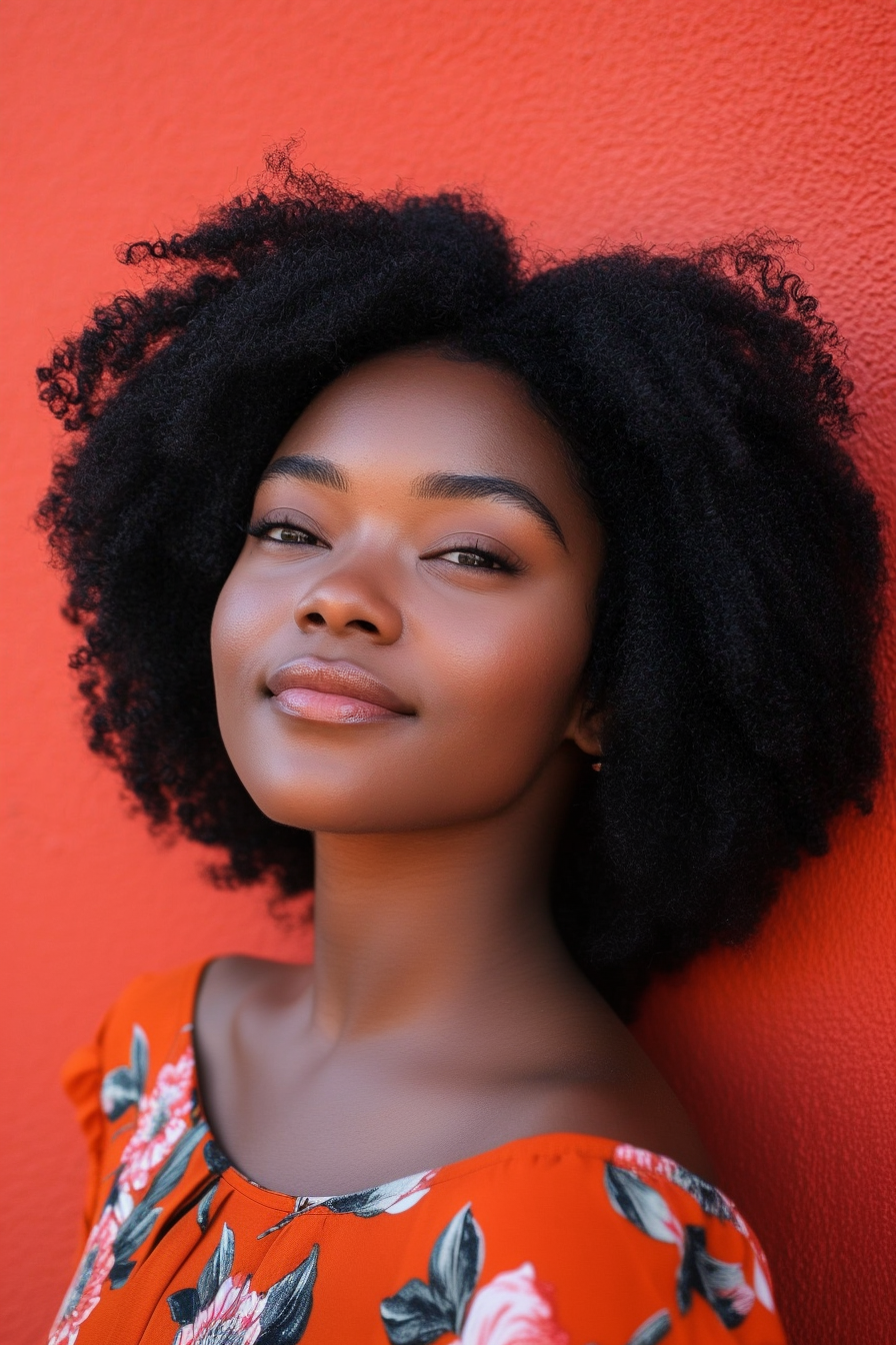 27 years old black woman, with Braid-Out, make a photosession in a studio.