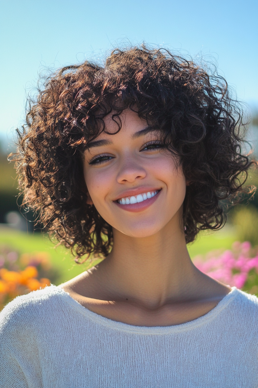 28 years old woman with a  Chin Length Curly Haircut, make a photosession in a backyard.