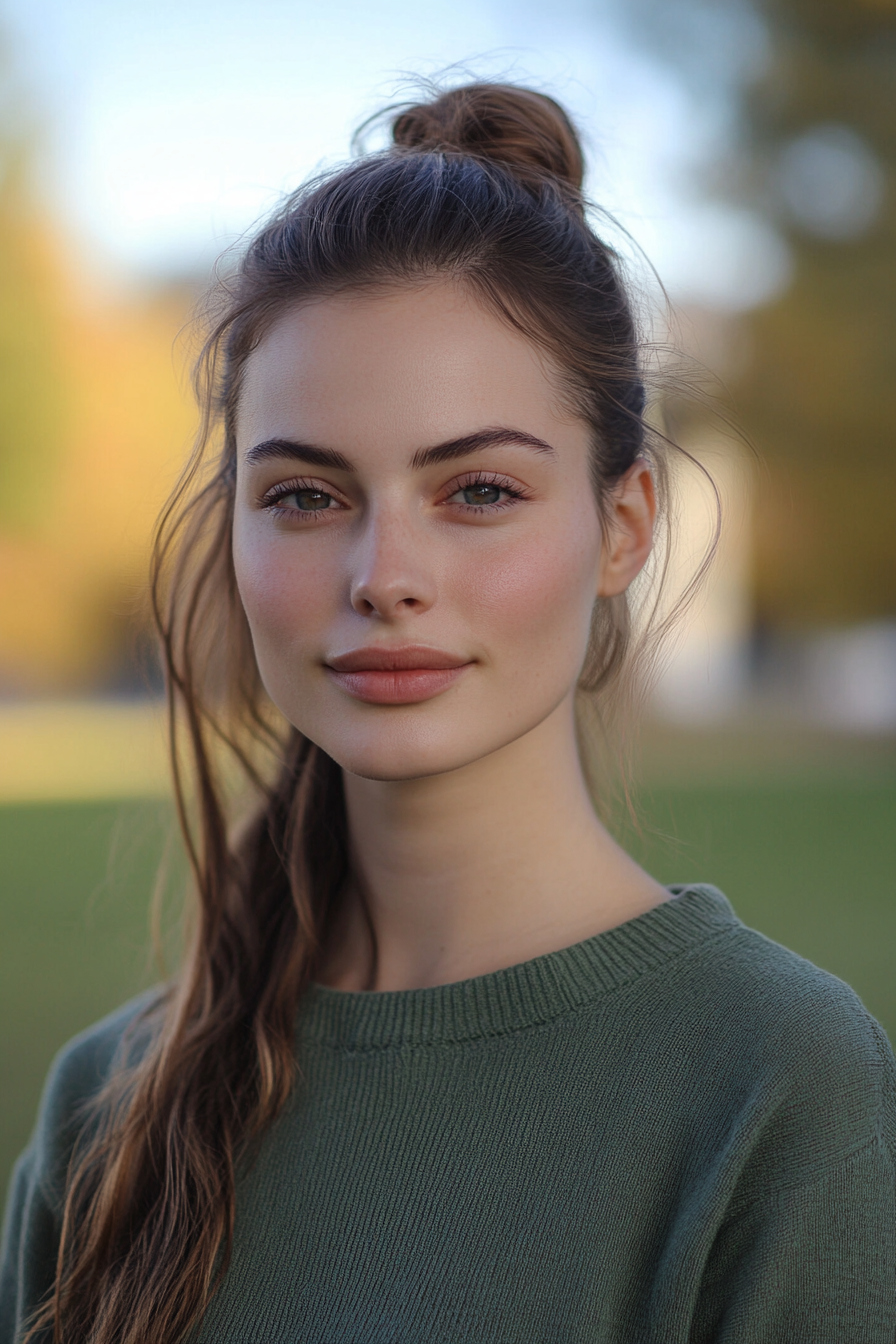 37 years old woman with a Textured Ponytail, make a photosession in a park.