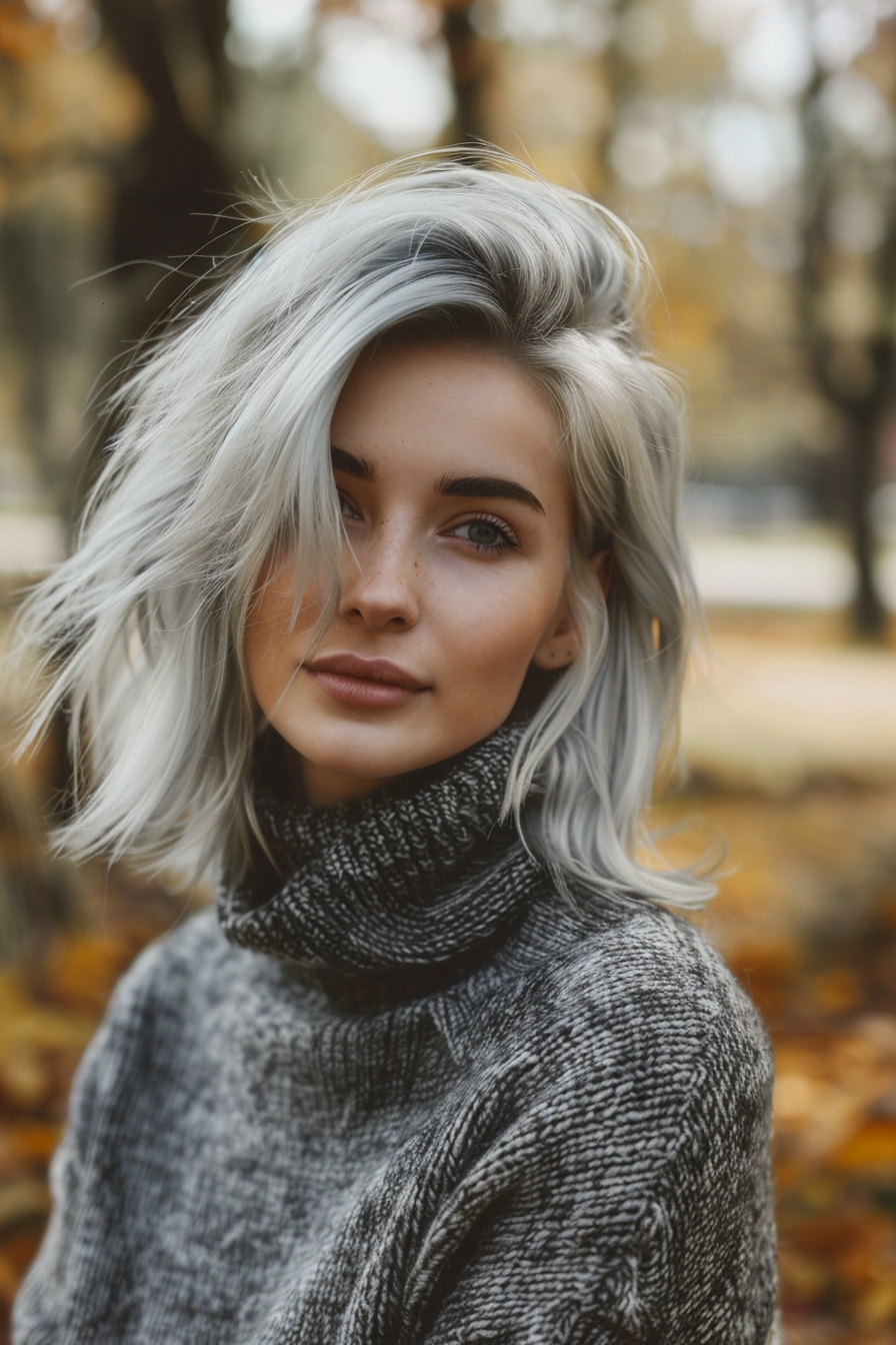 28 years old woman with a Salt and Pepper Hair with a Pastel Touch, make a photosession in a fall park.