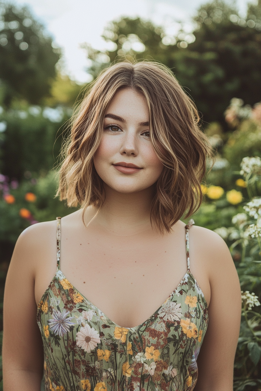 27 years old woman with a Layered Bob with Face-Framing Highlights make a photosession in a garden.