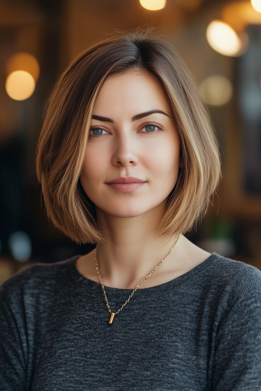 32 year old woman with a Shoulder-Length Layered Bob, make a photosession in a cafe.