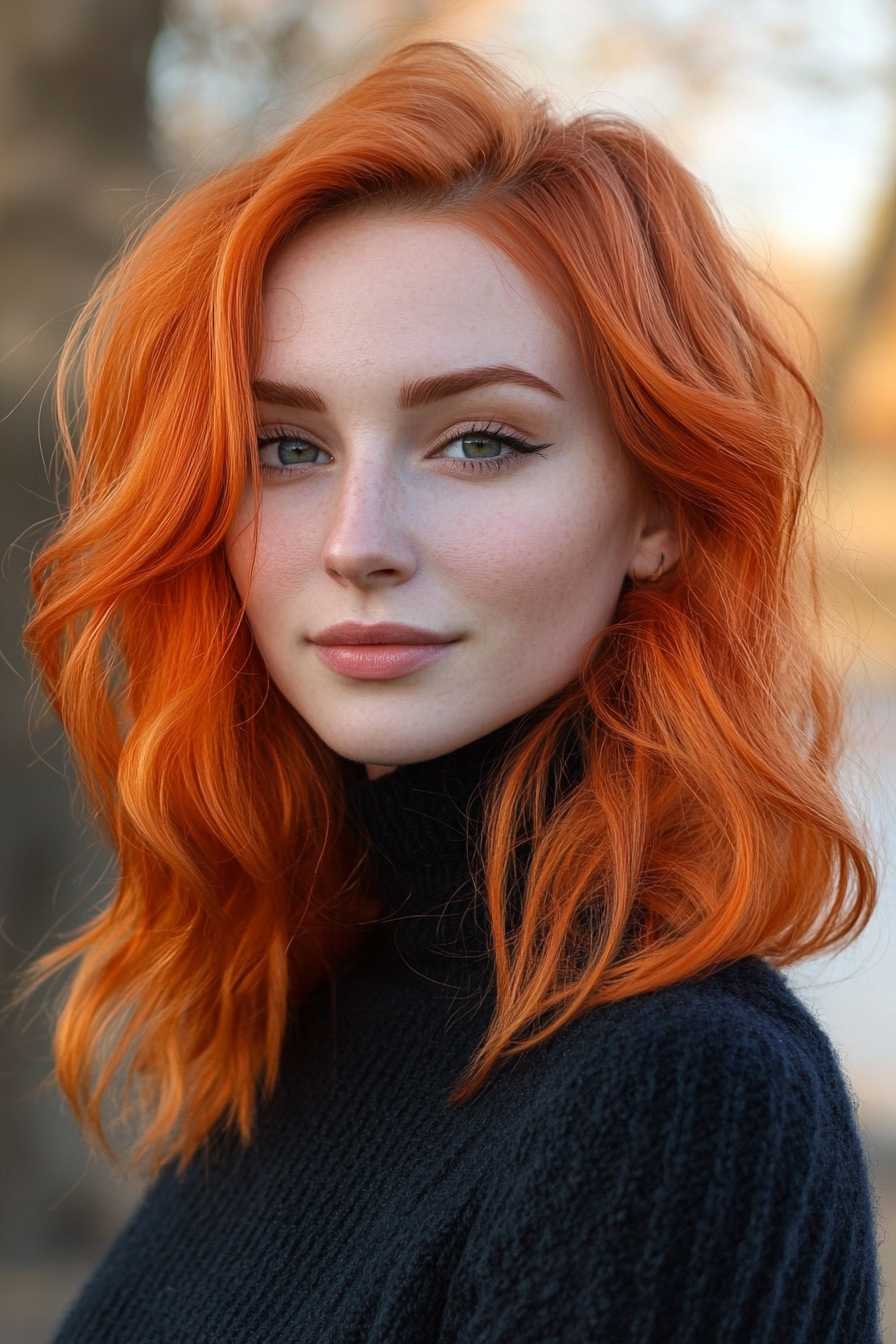 28 years old woman with a Coral and Sunset Orange, make a photosession in a street.