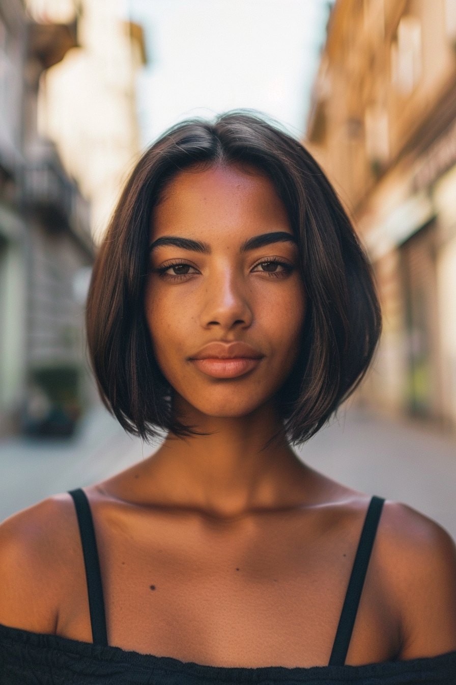 35 years old black woman, with short bob hairstyles, make a photosession in a street.